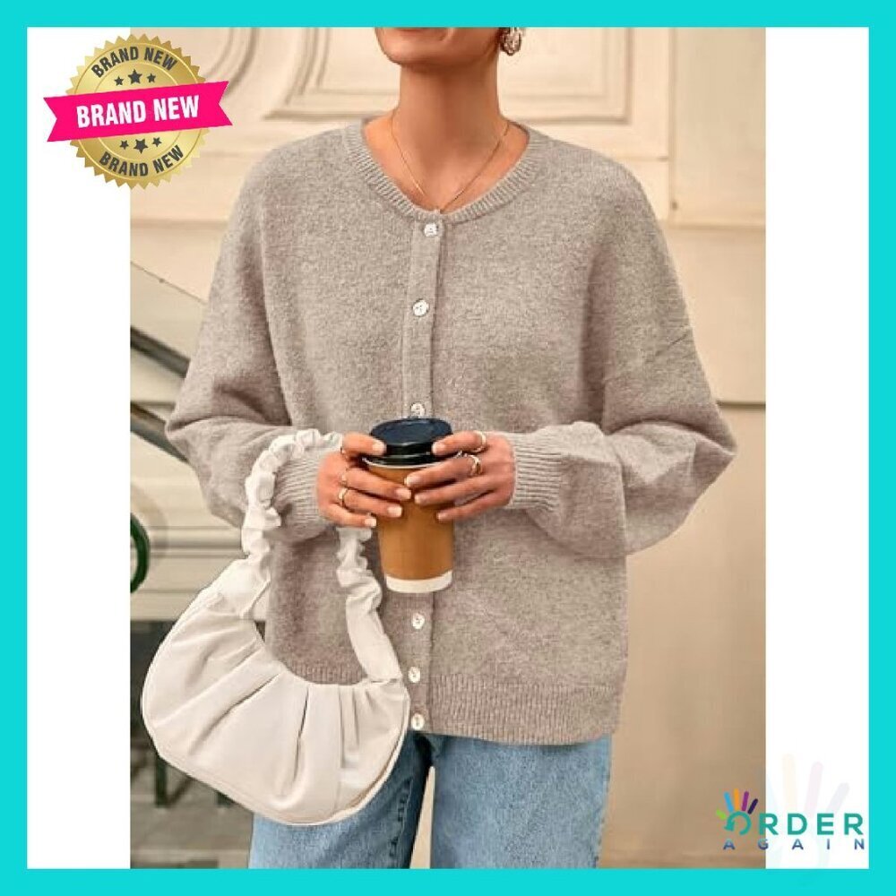 Long Sleeve Cardigan Crewneck Loose Fit Lightweight Knit Sweater Chic Classic - Picture 7 of 8